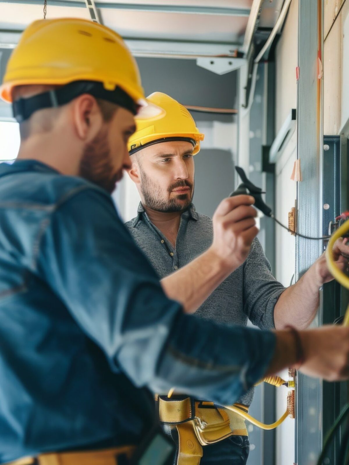 Two workers wearing helmets and safety gear are intently working on electrical wiring, demonstrating precision and teamwork at a construction site.